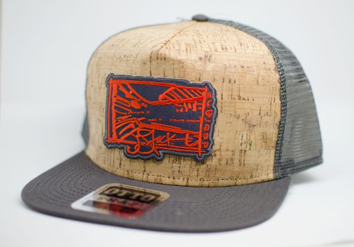 Tailin Red Patch Cork: Grey diecut patch with red Tail’n Red illustration embroidered, on cork hat with grey brim and mesh