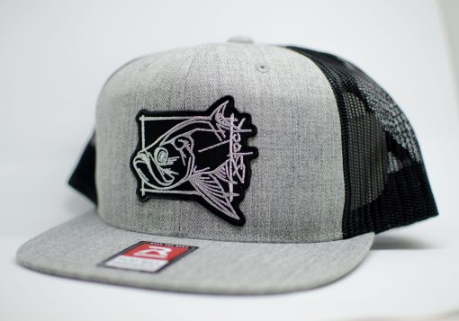 Tarpon on the Brain Patch Richardson: Black patch with silver tarpon embroidery, on heather grey flat brim hat with black mesh