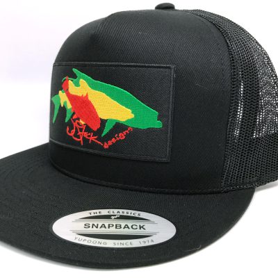 Rasta Patch Snapback Cap: Black patch with overlapping redfish silhouette in red, snook silhouette in yellow, and tarpon silhouette in green, on a black snapback mesh cap