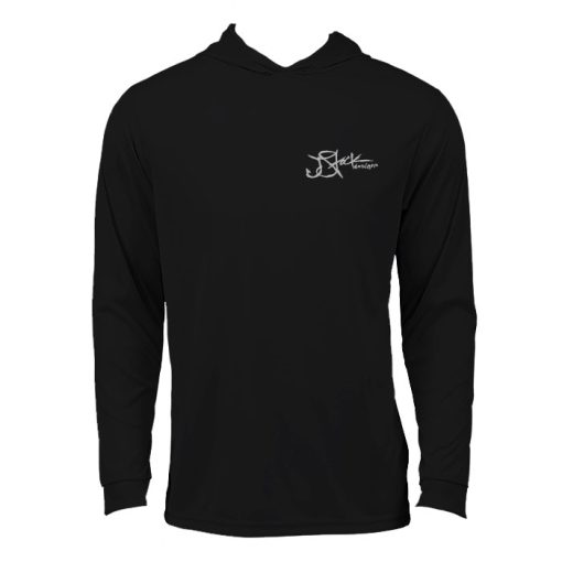 Tarpon Bust Hooded Microfiber Front: Black long sleeve with silver JStock Designs logo left chest