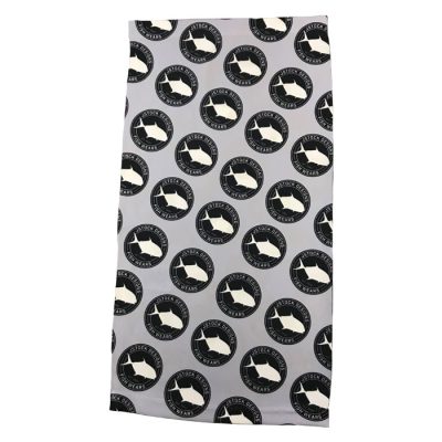 Permit Party Face Shield: Silver microfiber with black/white permit party badge repeated