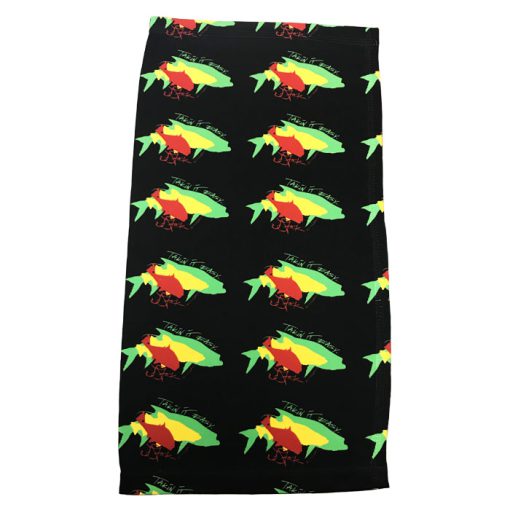 Black microfiber face shield with red redfish, yellow snook, and green tarpon design repeated