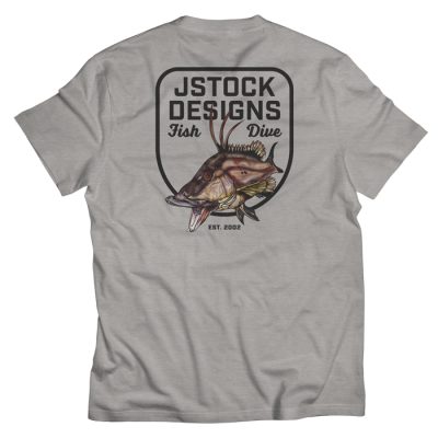 Hogfish Shirt Back: JStock Designs Fish/Dive badge with color hogfish illustration on silver heather shirt