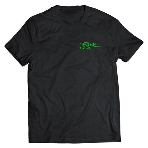 Linesider Shirt Front: black t-shirt with green jstock designs logo on the left chest