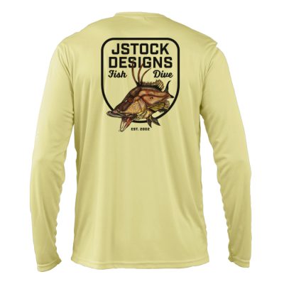 Hogfish Microfiber Back: JStock Designs Fish/Dive badge with color hogfish illustration on yellow microfiber