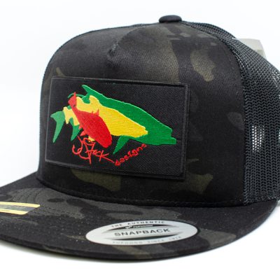 Rasta Patch Snapback Cap: Black patch with overlapping redfish silhouette in red, snook silhouette in yellow, and tarpon silhouette in green, on a dark camouflage snapback mesh cap