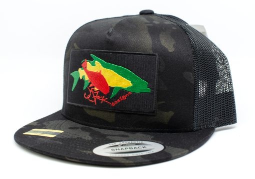 Rasta Patch Snapback Cap: Black patch with overlapping redfish silhouette in red, snook silhouette in yellow, and tarpon silhouette in green, on a dark camouflage snapback mesh cap