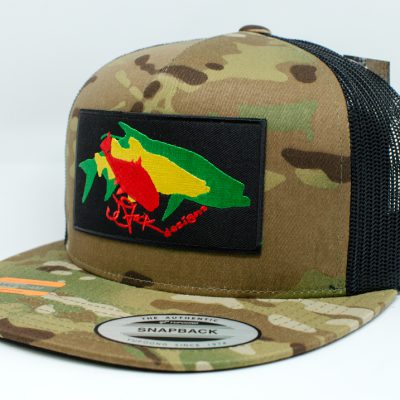 Rasta Patch Snapback Cap: Black patch with overlapping redfish silhouette in red, snook silhouette in yellow, and tarpon silhouette in green, on a light camouflage snapback mesh cap