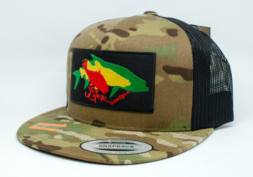 Rasta Patch Snapback Cap: Black patch with overlapping redfish silhouette in red, snook silhouette in yellow, and tarpon silhouette in green, on a light camouflage snapback mesh cap