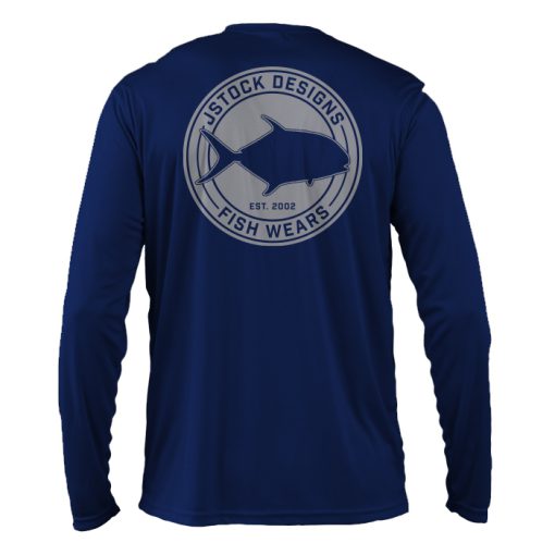 Permit Microfiber Back: Navy long-sleeve with silver JStock designs fish wear permit back