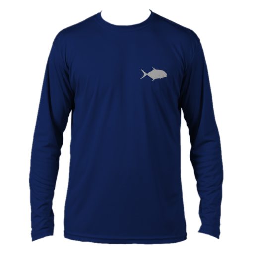 Permit Microfiber Front: Navy long-sleeve with silver permit silhouette on left chest