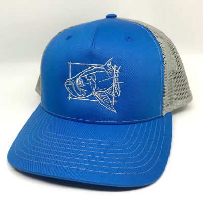 Tarpon on the Brain: Silver tarpon embroidery on cobalt hat with grey mesh.