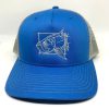 Tarpon on the Brain: Silver tarpon embroidery on cobalt hat with grey mesh.