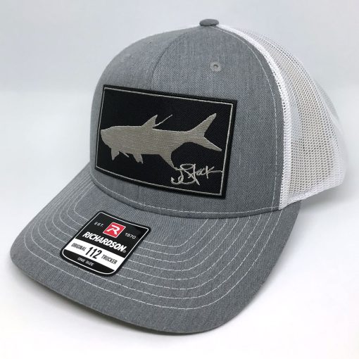 Silver tarpon silhouette on black rectangular patch on heather grey cap with white mesh.