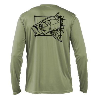 Tarpon on the Brain Microfiber Back: Olive long-sleeve shirt with black tarpon illustration.