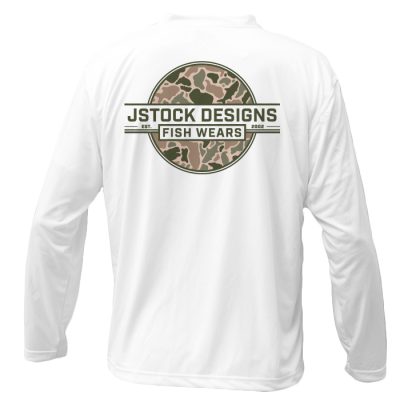 Fishing Camo Microfiber back: White long sleeve shirt with JStock design Fish Wears badge with camouflage fill. Came shapes are various fish and florida shaped.