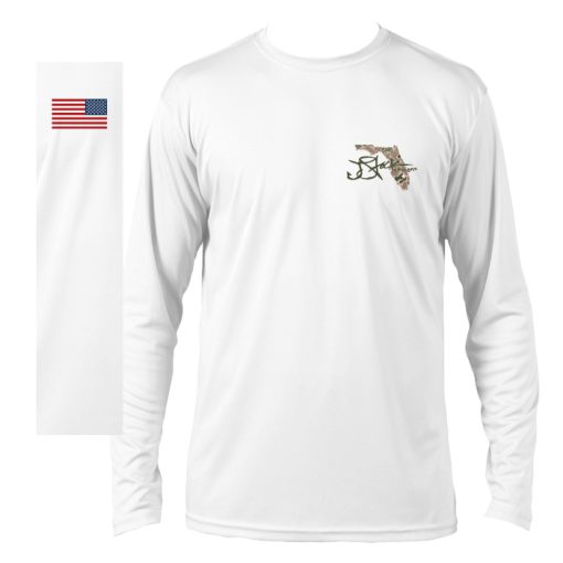 Fishing Camo Microfiber Front: White long sleeve shirt with JStock designs logo and florida shape with camouflage fill left chest. American flag right sleeve.