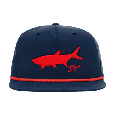 Red tarpon silhouette embroidered on a navy Umpqua hat, navy with red cord across front.