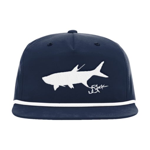 White tarpon silhouette embroidered on a navy Umpqua hat, navy with white cord across front.