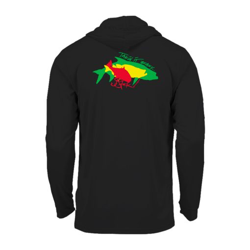Takin it Easy Hooded Microfiber Back: Black shirt with overlapping redfish silhouette in red, snook silhouette in yellow, and tarpon silhouette in green.