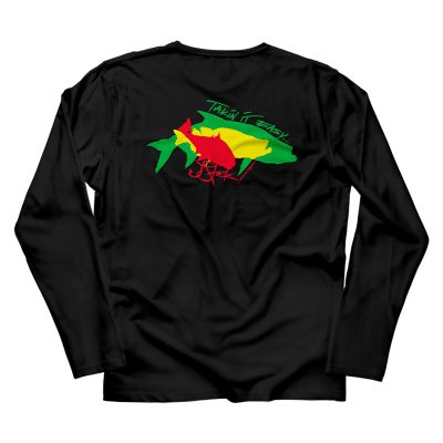 Takin it Easy Microfiber Back: Black shirt with overlapping redfish silhouette in red, snook silhouette in yellow, and tarpon silhouette in green.