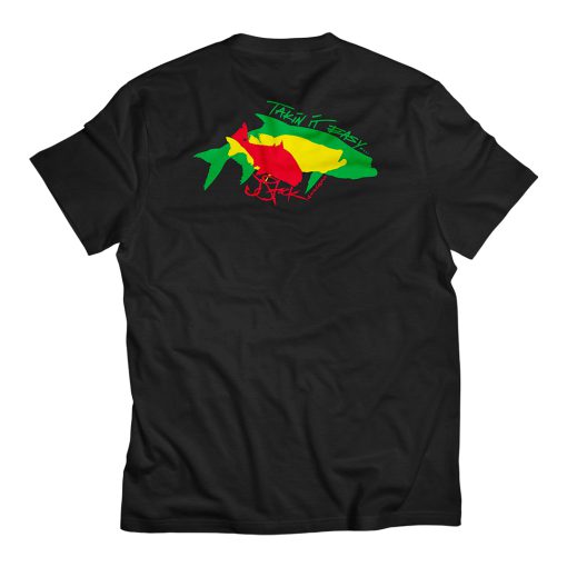 Takin it Easy Shirt Back: Black shirt with overlapping redfish silhouette in red, snook silhouette in yellow, and tarpon silhouette in green.