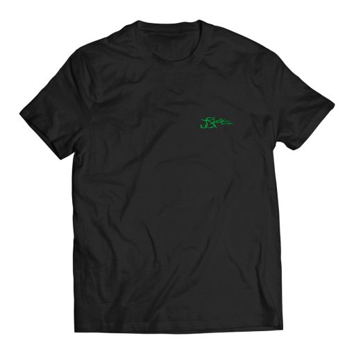 Takin' it Easy shirt front, black t-shirt with green jstock designs logo on the left chest