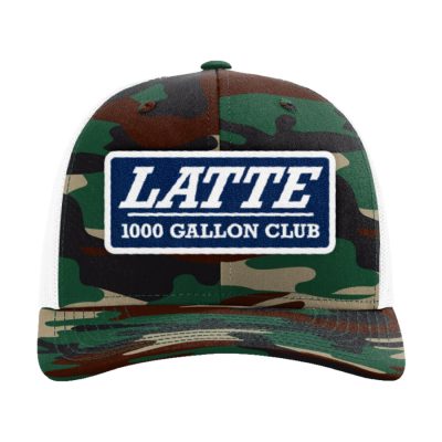 Latte 1000 Gallon Club Patch Hat - Richardson 112 with Green Camp (Spruce, black, tan, brown) front and bill, with white mesh back.