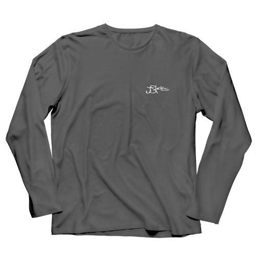 Graphite long sleeve microfiber with JStock logo silkscreened on the left chest in white.