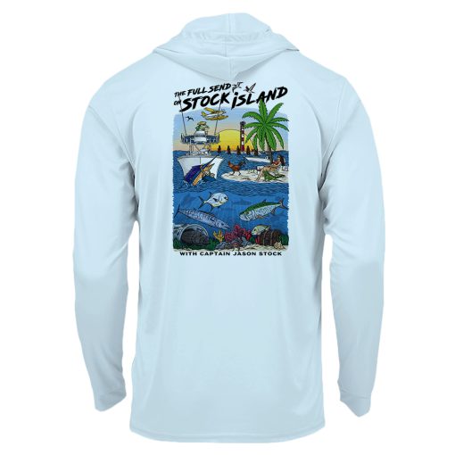 The Full Send on Stock Island with Captain Jason Stock on Pastel Blue Longsleeve Hoodie Microfiber - Back Design